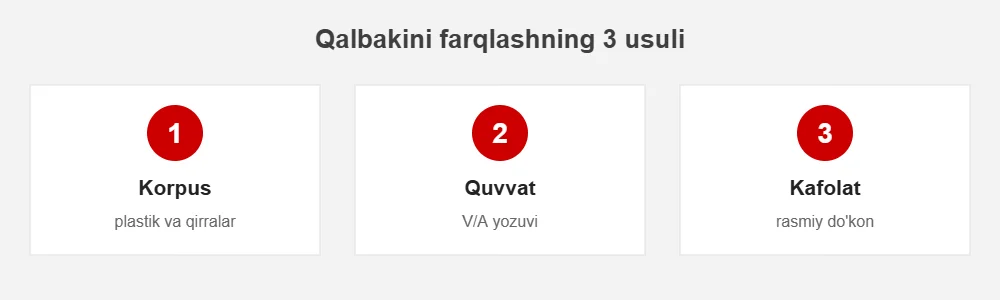 Qalbaki telefon zaryadlovchisini farqlash usullari infografika